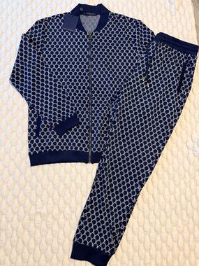 Louis Vuitton Navy and White Monogram Knit with Gold Aglet Accent